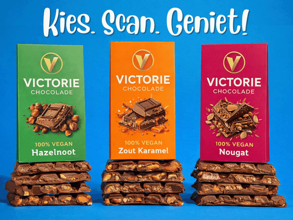 Een afbeelding van drie chocolade repen als advertentie met de tekst Kies. Scan. Geniet!