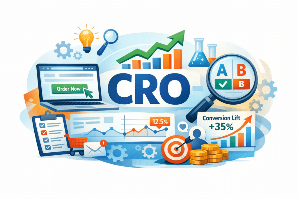CRO afbeelding met verschillende cro elementen, zoals cta knop, ab testing en conversie stijging grafiek